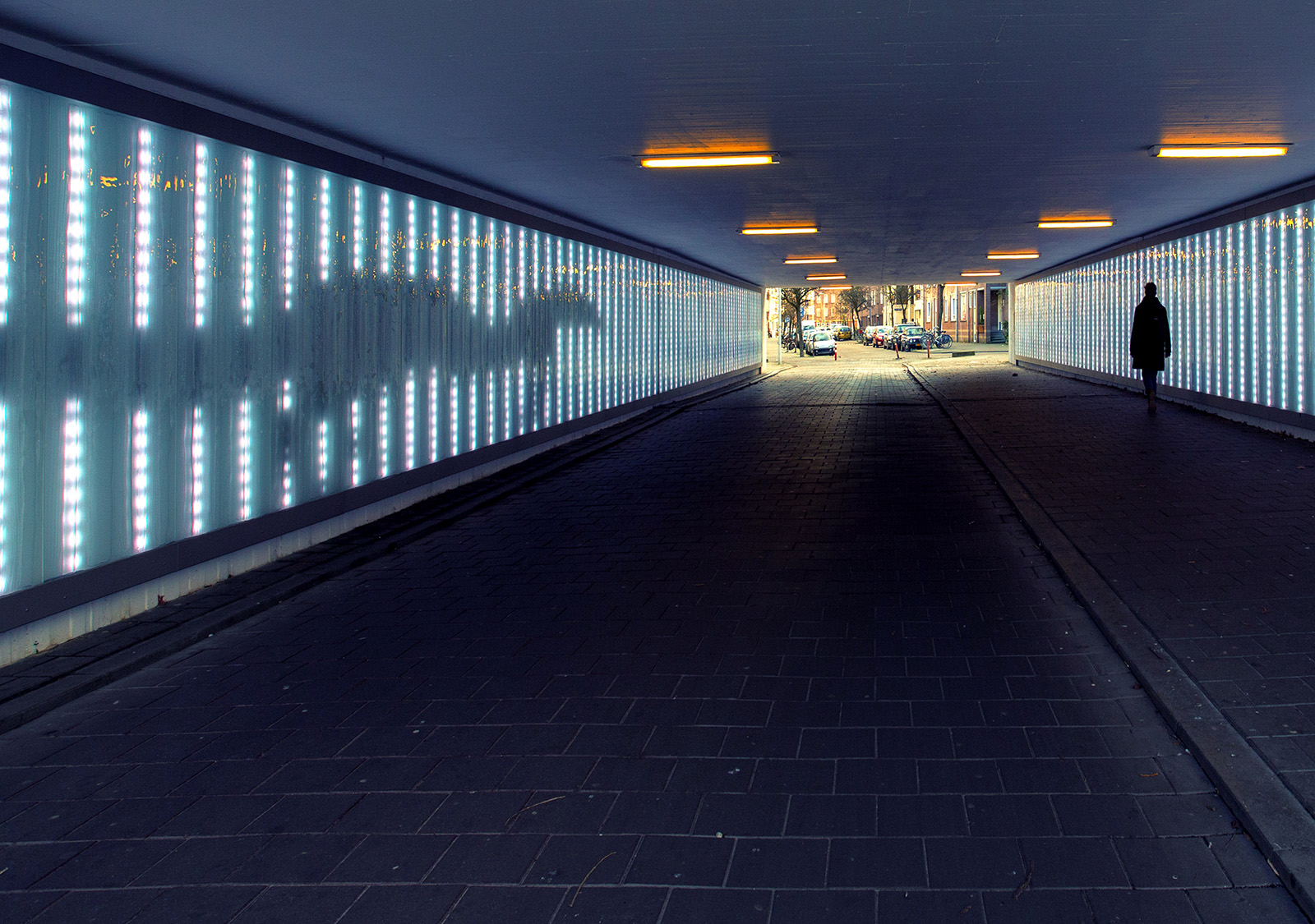 Foto van een man die aan de rechterkant in een tunnel loopt, met links op de wand van de tunnel een schaduw van een dinosaurus. Ter illustratie van het CCV-dossier Veiligheidsbeleving.
