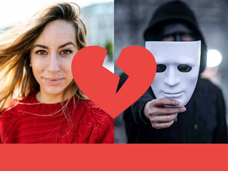 Links een vrouw, rechts een man met een masker.