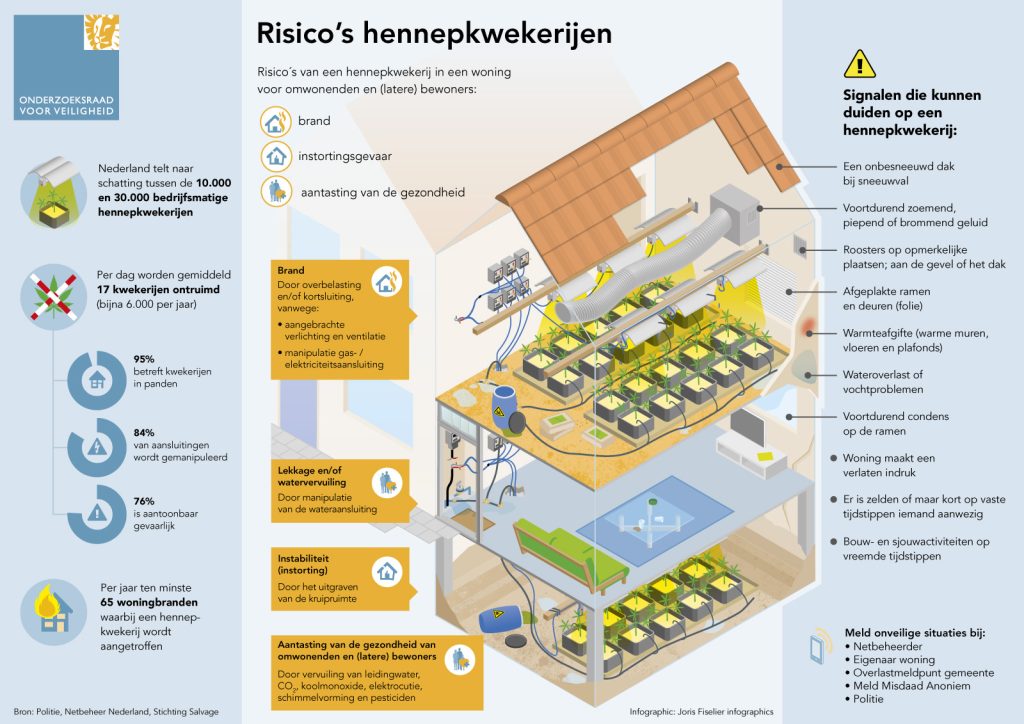 Infographic in het dossier Drugs van het CCV bij het onderzoek Omgevingsveiligheid hennepkwekerijen van de Onderzoeksraad voor Veiligheid.