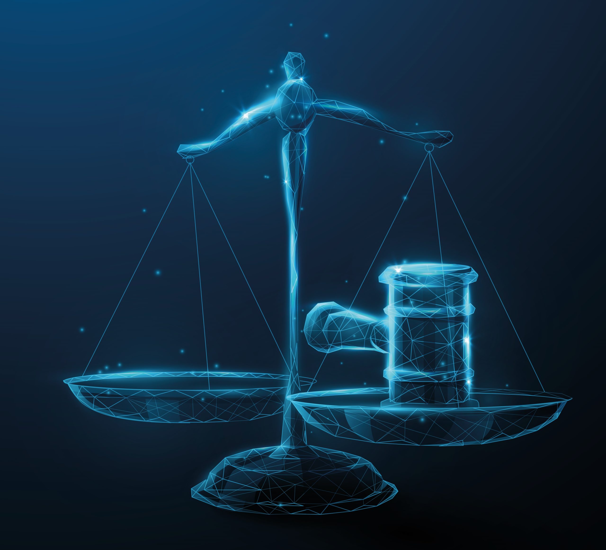Illustratie van ee weegschaal in blauw licht met aan ene kant strafhamer, andere kant leeg.