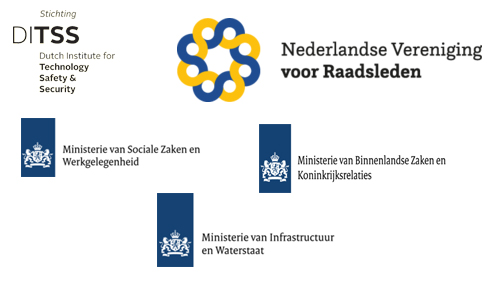 Logo's van Stichting DITSS, Nederlandse Vereniging voor Raadsleden, Ministerie van Sociale Zaken en Werkgelegenheid, Ministerie van Binnenlandse Zakn en Koninkrijksrelaties en Ministerie van Infrastructuur en Waterstaat.