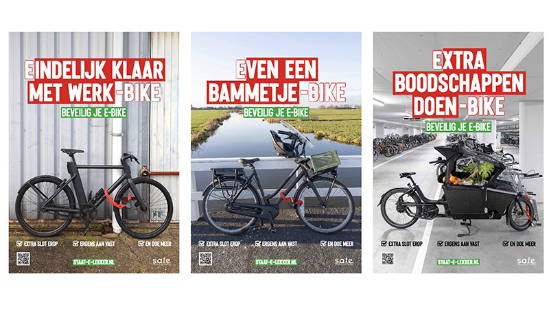 3 campagnebeelden van STAAT-E-LEKKER tegen e-bike diefstal.