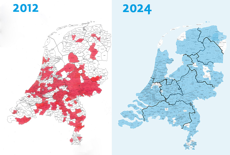 Kaart van Nederland waarop de dekking is te zien van Buurtbemiddeling 2012 vs 2024